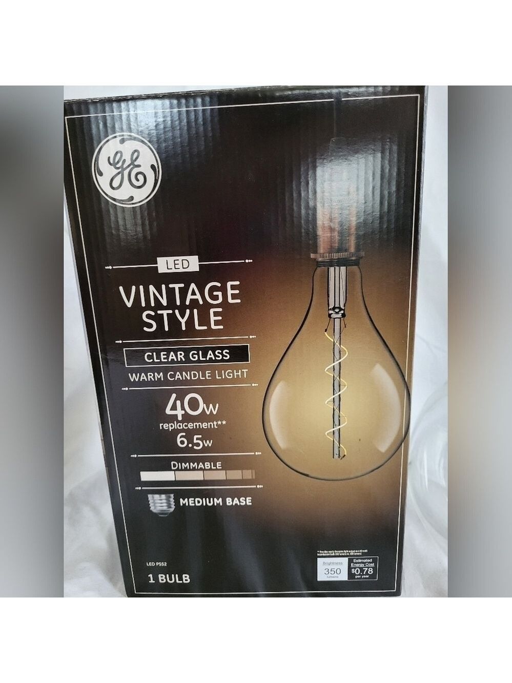 GE Vintage Style 40W PS52 Warm Candle Light Dimmable Light Bulb New, Huge Size